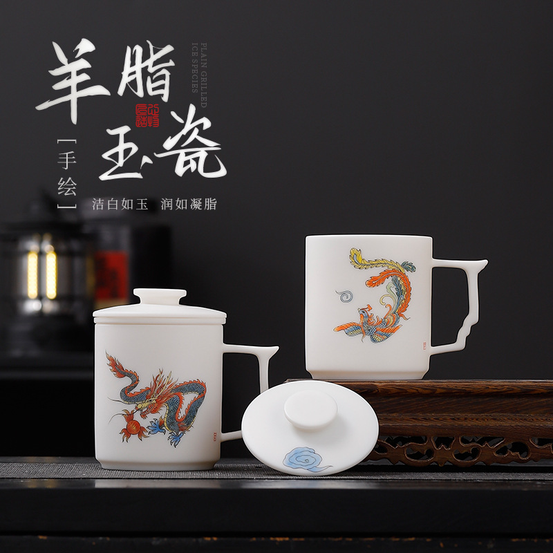 Cốc văn phòng vẽ tay sứ ngọc bích mỡ cừu nướng chay cốc pha trà lọc cốc nước cá nhân gia dụng quà tặng cha mẹ và người lớn tuổi