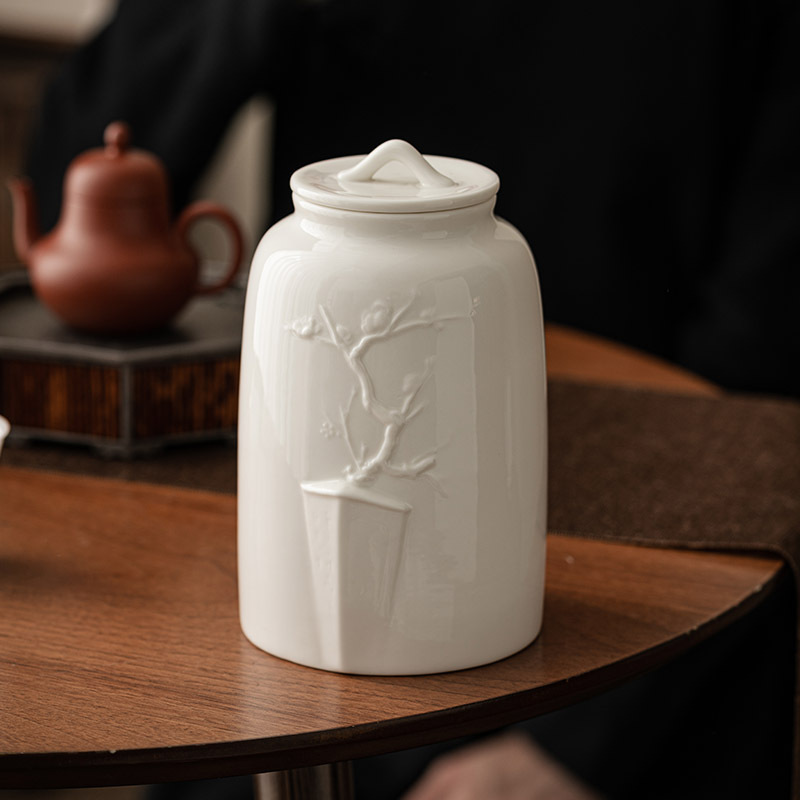 Bình trà hoa mận sứ trắng Dehua, bình kín, Bình Đựng Trà chống ẩm gia dụng, bình trà gốm sứ cao cấp cỡ lớn, bình rỗng