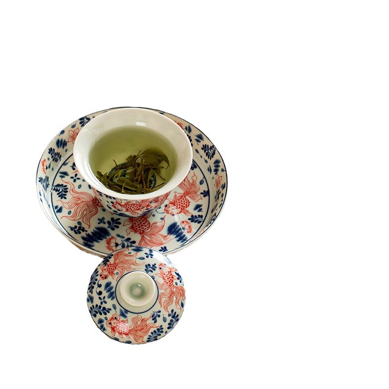 Bộ ấm chén trà Kung Fu cổ điển men gốm Sancai phủ men xanh trắng, có nắp, chén lớn, cao cấp, có thể để trên bàn