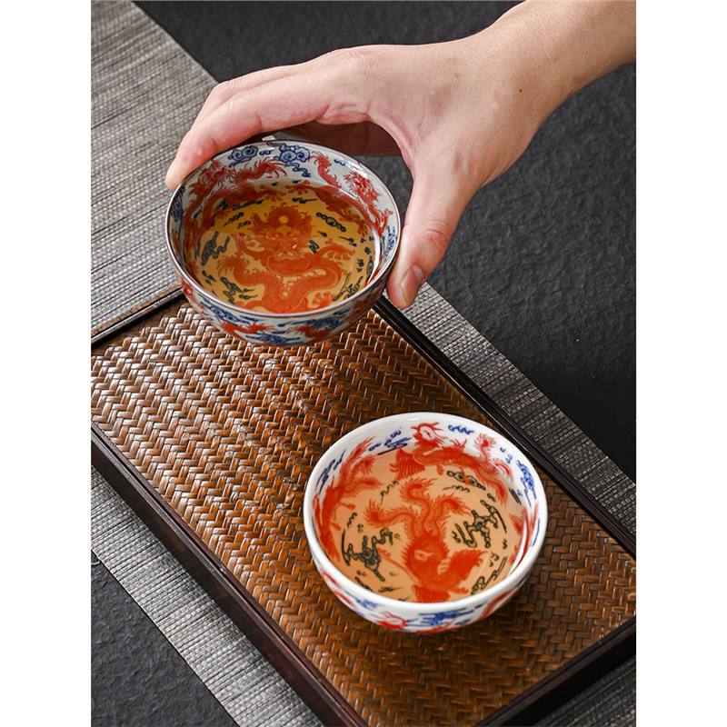 Cốc đôi rồng phượng cổ điển kiểu Trung Quốc cốc chủ nhân sứ trắng xanh bộ trà gốm sứ cốc pha trà dung tích lớn gia dụng cốc đơn bát trà