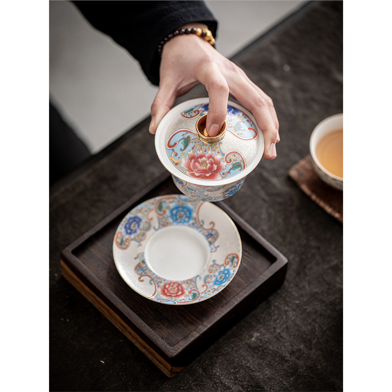 Bát trà tam tài bạc chạm khắc thủ công cốc trà đồ gốm sứ gia dụng bát trà pha trà men vàng hộp quà