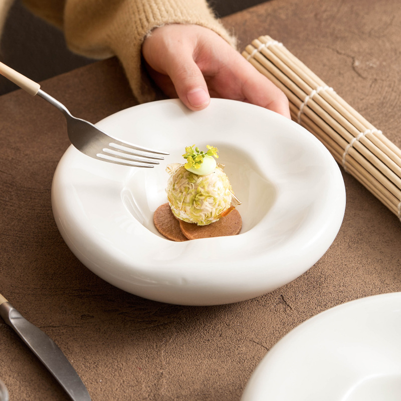 Đĩa món ăn hai lớp sứ trắng, nhà hàng khách sạn cao cấp, đĩa cách nhiệt đặc trưng sáng tạo, Đĩa tráng miệng kiểu tổ