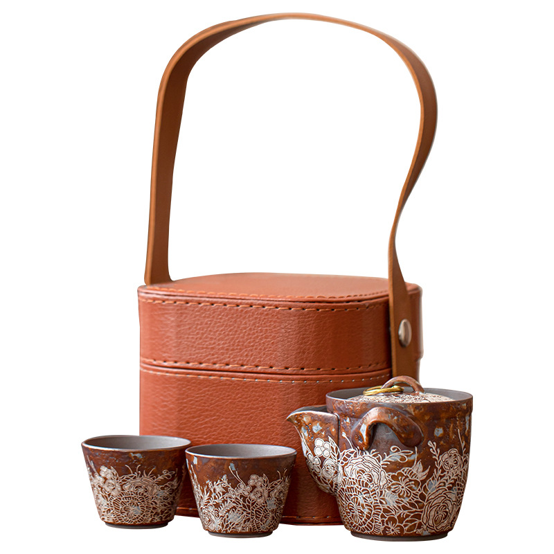 Bộ trà du lịch mạ bạc hoa bùn đá cũ, một ấm hai cốc, bộ pha trà Kung Fu tiện dụng trên xe cắm trại ngoài trời