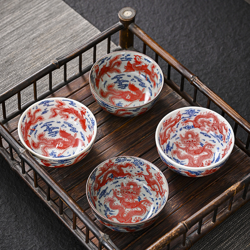 Cốc trà Jingdezhen men màu rồng phượng chủ cốc đơn cốc cưới cốc trà bộ bát trà cá nhân bán buôn