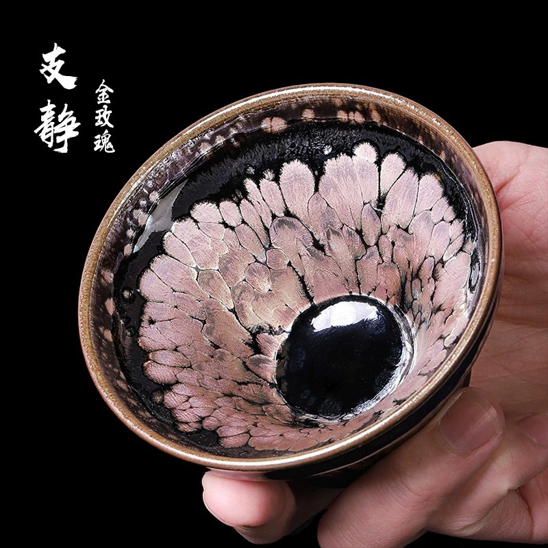 Chính hãng Zhijingjianzhan Golden Rose Yao Thay đổi giọt dầu Bộ trà quà tặng cao cấp làm bằng tay Chủ sở hữu cốc củi