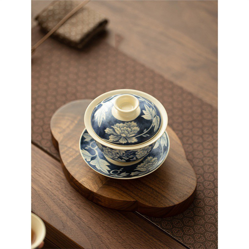 Bát tam tài hoa mẫu đơn tráng men soda bát trà gốm sứ có nắp không nóng dụng cụ pha trà gia dụng bộ trà Kung Fu