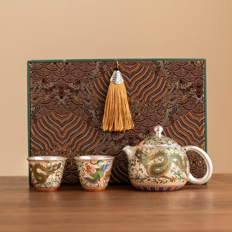 Long Phượng Tường mạ bạc nhẹ sang trọng cao cấp một bình hai cốc gốm sứ gia dụng bộ ấm trà bộ ấm trà hộp quà