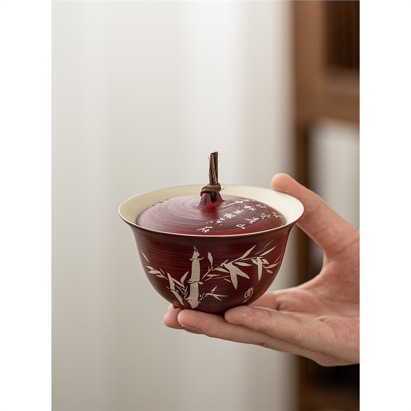 Bát có nắp đan mây đỏ táo gai, bộ cốc trà Kung Fu văn phòng gốm sứ đơn, bát trà tam tài phục vụ trà nữ gia dụng