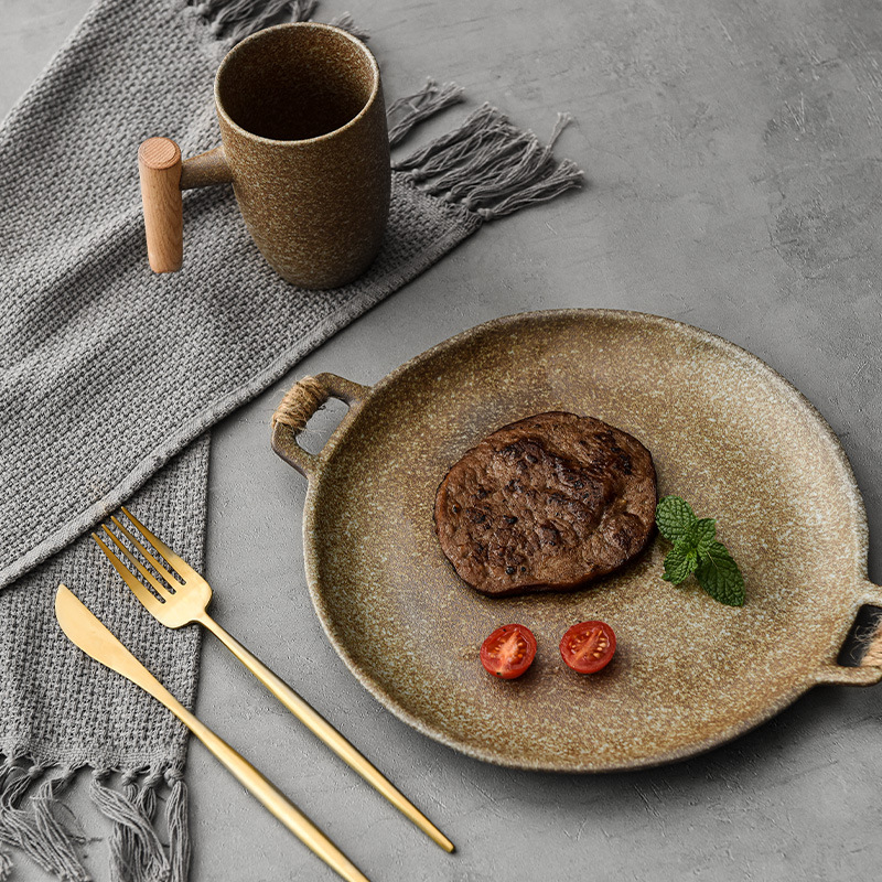 Đĩa ăn hai tai bằng gốm thô thủ công kiểu Nhật, đĩa tròn cỡ lớn nhỏ cổ điển gia dụng, đĩa gốm, bộ đồ ăn, Đĩa trái cây, đĩa ăn sáng