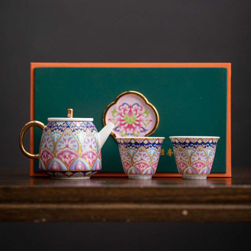Bộ ấm trà gốm sứ tráng men một ấm hai cốc Hộp quà cao cấp Ấm trà Kung Fu Bộ ấm trà Bộ đồ lưu niệm bán buôn