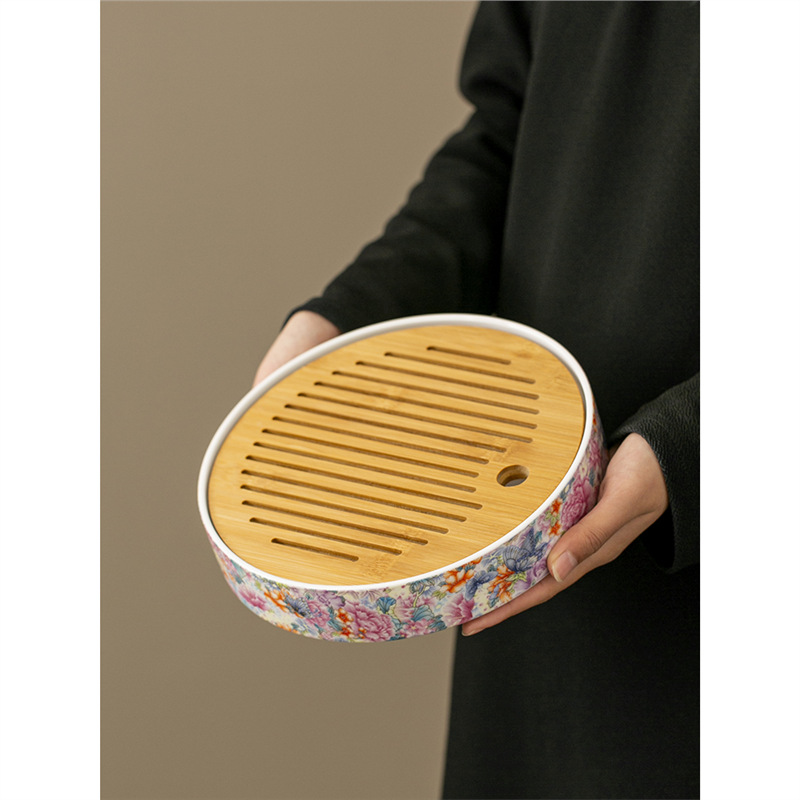 Khay trà gốm tròn tráng men vạn hoa, bàn trà cổ kiểu Đài Trung, khay trà tròn lớn, bán buôn