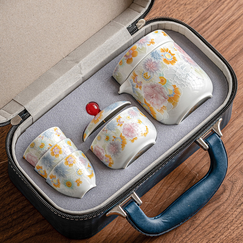 Đồ gốm Vạn Hoa tráng men cổ Cốc khách nhanh Ấm pha trà Bộ trà du lịch ngoài trời di động Bộ một ấm bốn cốc