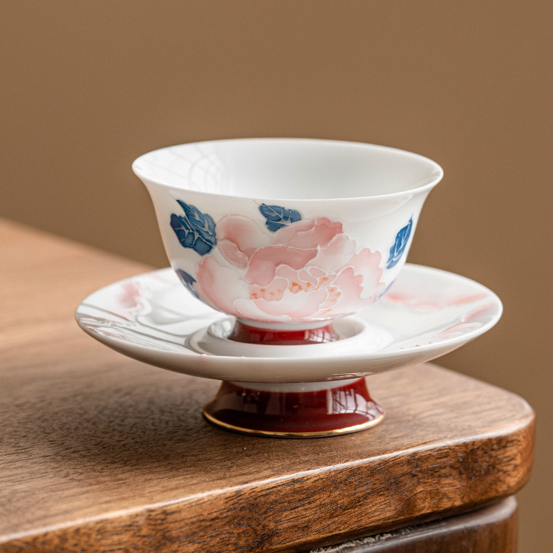 Cốc trà gốm sứ cốc chủ nhân vẽ tay hoa mẫu đơn Chaoyan cốc và đĩa bộ dụng cụ trà Kung Fu gia dụng cốc trà