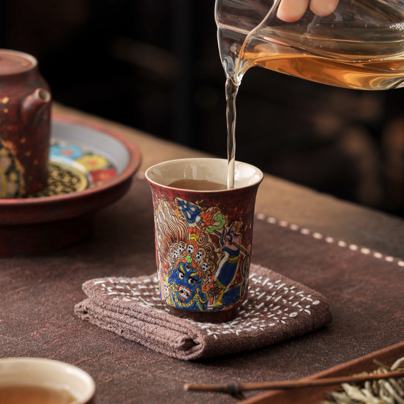 Tách trà dùng trong gia đình, làm bằng tro cây, Thangka vẽ tay, cốc thơm Tianwen lớn màu đen, cốc nếm trà Kung Fu, cốc gốm sứ, bộ ấm trà.
