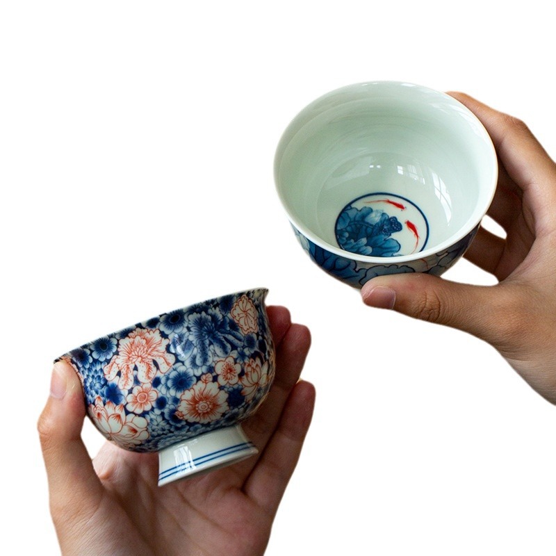 Jingdezhen cũ gốm đất sét màu xanh và trắng phong cảnh cao cấp cốc chủ sở hữu bộ trà Kung Fu cốc trà đơn cốc trà gốm lớn