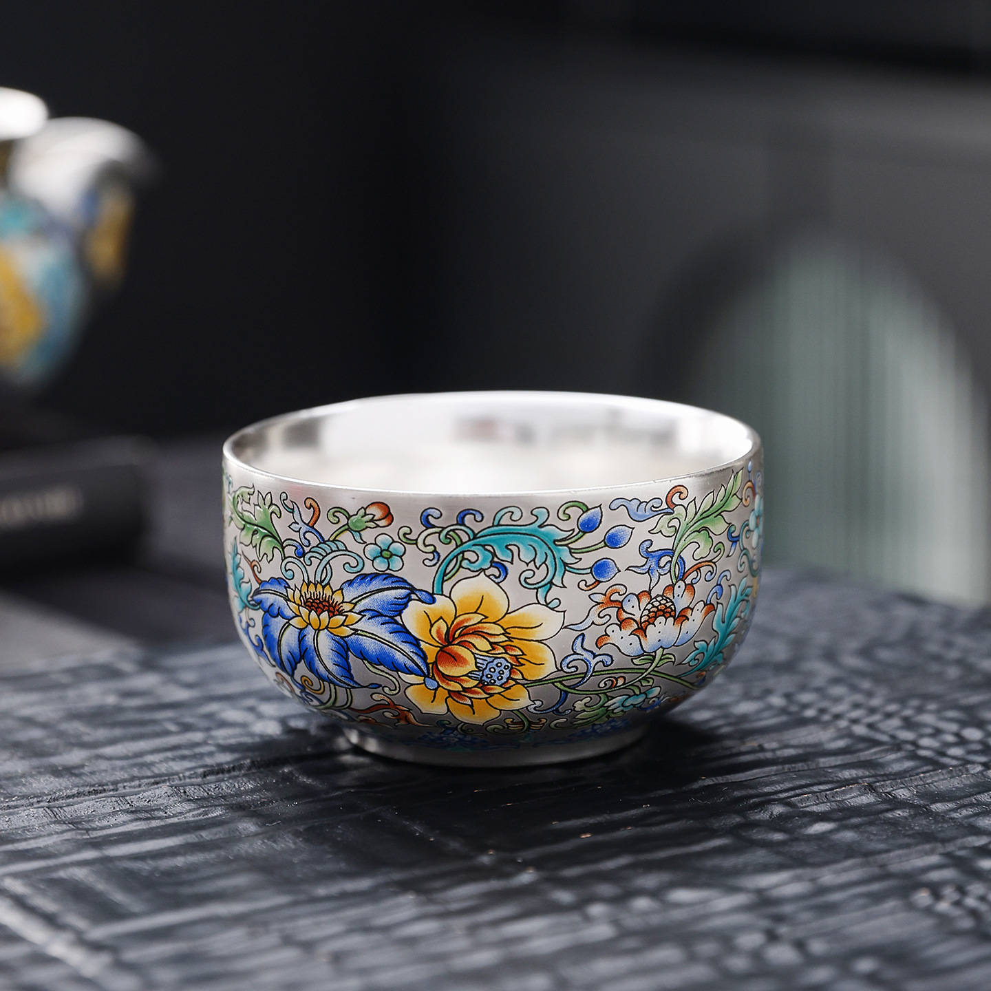 Bộ ấm chén bạc sterling mạ vàng, tráng men, họa tiết chỉ vàng, họa tiết rồng phượng, quà tặng sáng tạo