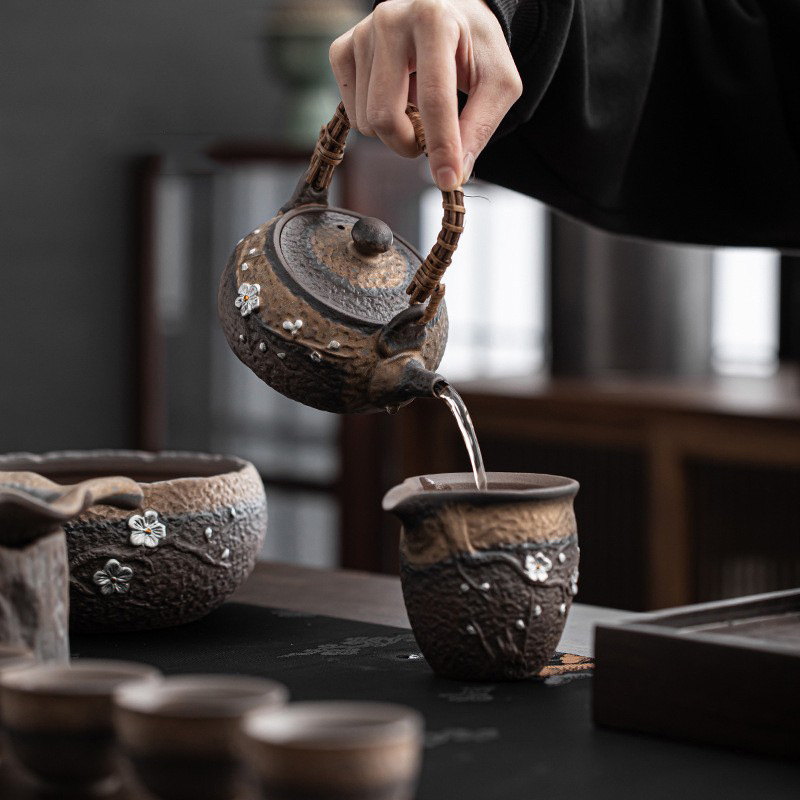 Bộ ấm trà Kung Fu gốm thô cổ điển Nhật Bản, bát có nắp gia dụng, bình xà nâng, bán buôn tách trà văn phòng
