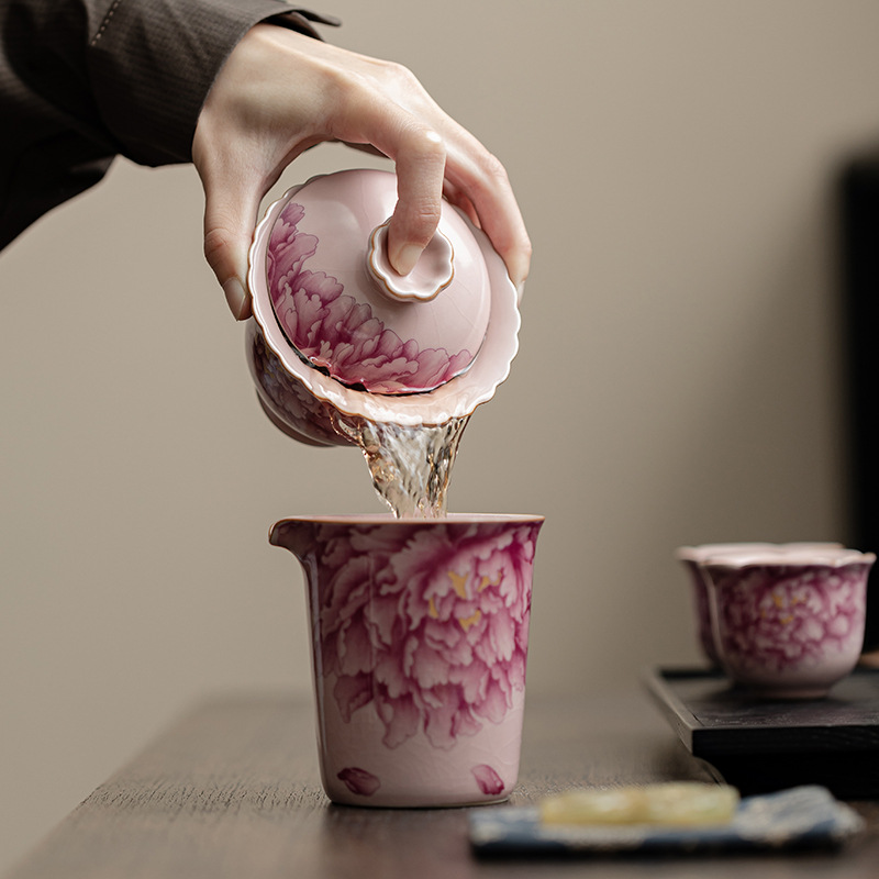 Bát có nắp ren lò Ru màu hồng Bộ ấm trà Kung Fu gốm sứ gia dụng Bát pha trà đơn có thể mở lát để nâng bát có nắp thứ hai