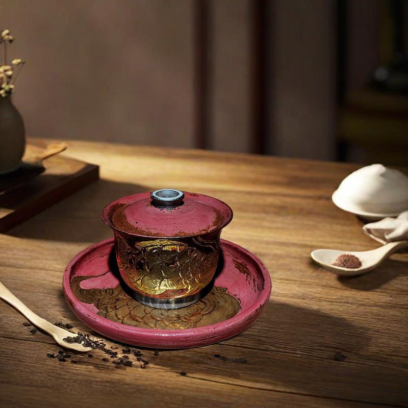 Bát có nắp, bát pha trà gốm thô kiểu Nhật thủ công, bộ trà gia dụng sáng tạo, cốc có nắp, cá rồng vàng, trà màu đỏ rượu