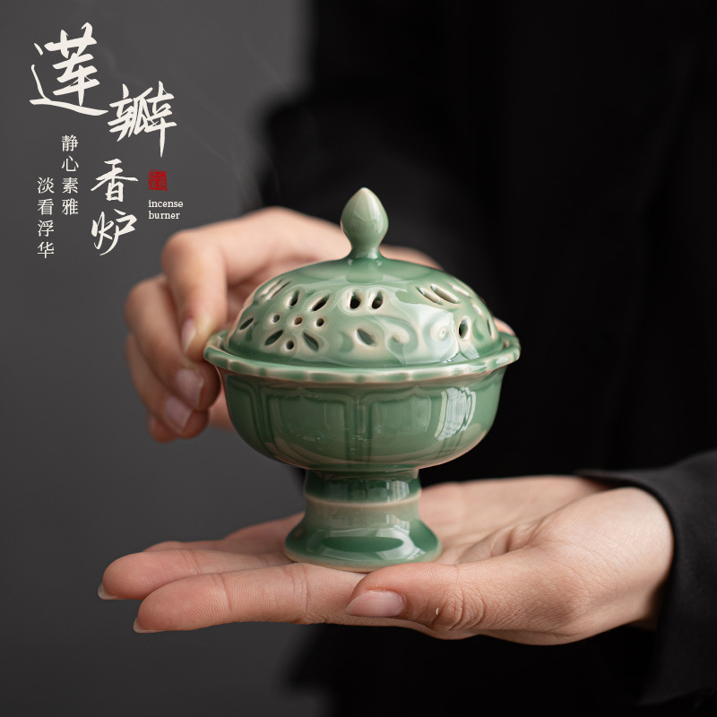 Lư hương cánh sen lư hương chân cao gốm thiền gia dụng nội thất gỗ đàn hương trầm hương đĩa lư hương phụ kiện bộ trà lư hương