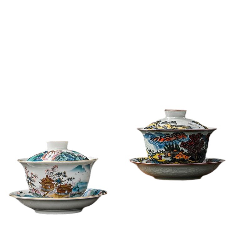 Bát có nắp màu xanh và trắng một chiếc bát tam tài Jingde cổ điển, bát trà lớn gốm sứ hình phong cảnh, dụng cụ pha trà gia dụng dung tích lớn