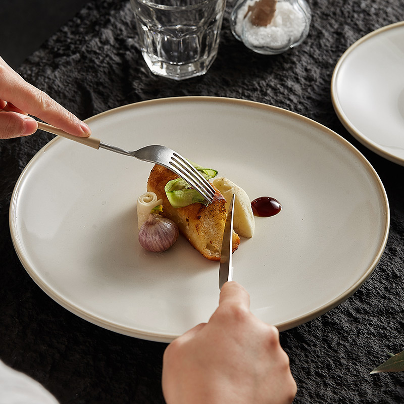 Đĩa phẳng biến đổi lò màu be, Đĩa nông, đĩa gốm sứ, đĩa rau, đĩa salad đồ tây sang trọng cao cấp gia dụng, đĩa mì Ý