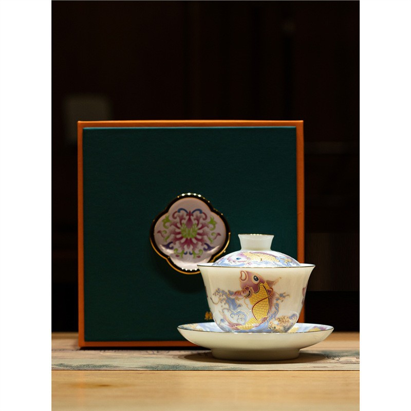 Cốc trà gốm sứ Dehua bát trà cá rồng bát trà lớn văn phòng một bát ba tài năng mỡ cừu ngọc trắng sứ lưu niệm