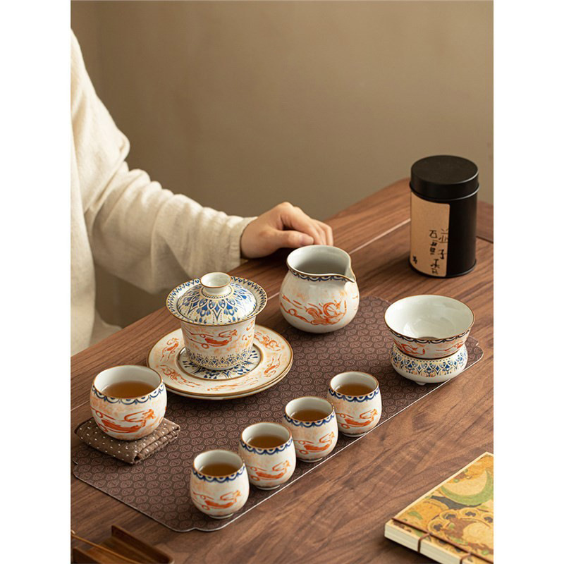 Ruyao Đôn Hoàng Flying Sky Horseshoe Sancai Bát có nắp Bộ ấm trà Kung Fu Bộ chén trà gốm sứ gia dụng trọn bộ