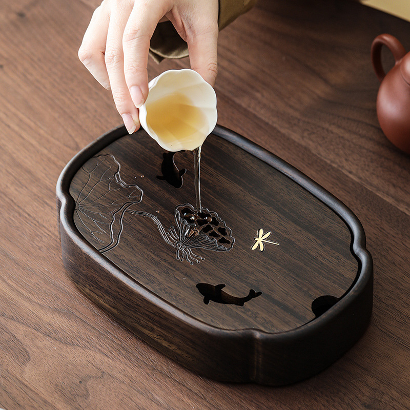 Khay trà hồ sen Yuxi khay đựng nước hồ óc chó gia dụng dụng dụng cụ pha trà khay trà bàn trà gỗ nguyên khối phụ kiện
