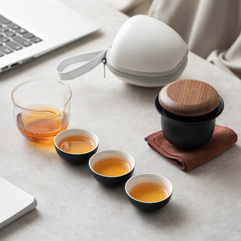 Bộ trà du lịch ngoài trời đơn giản gốm sứ Chpu một ấm Ba cốc cốc Nhanh Túi lưu trữ tiện lợi bộ quà lưu niệm