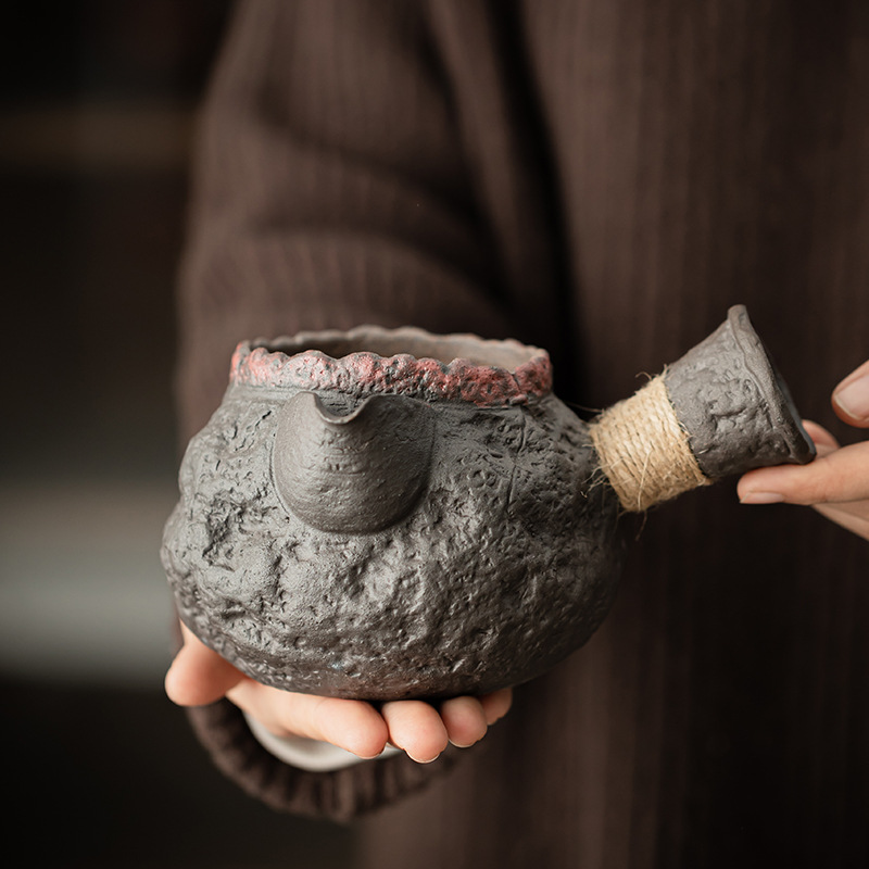 Bộ ấm trà ấm đá cổ điển bùn đá cổ lọ tay cầm bên ấm trà đun trà dung tích lớn nến đèn cồn đế ấm trà