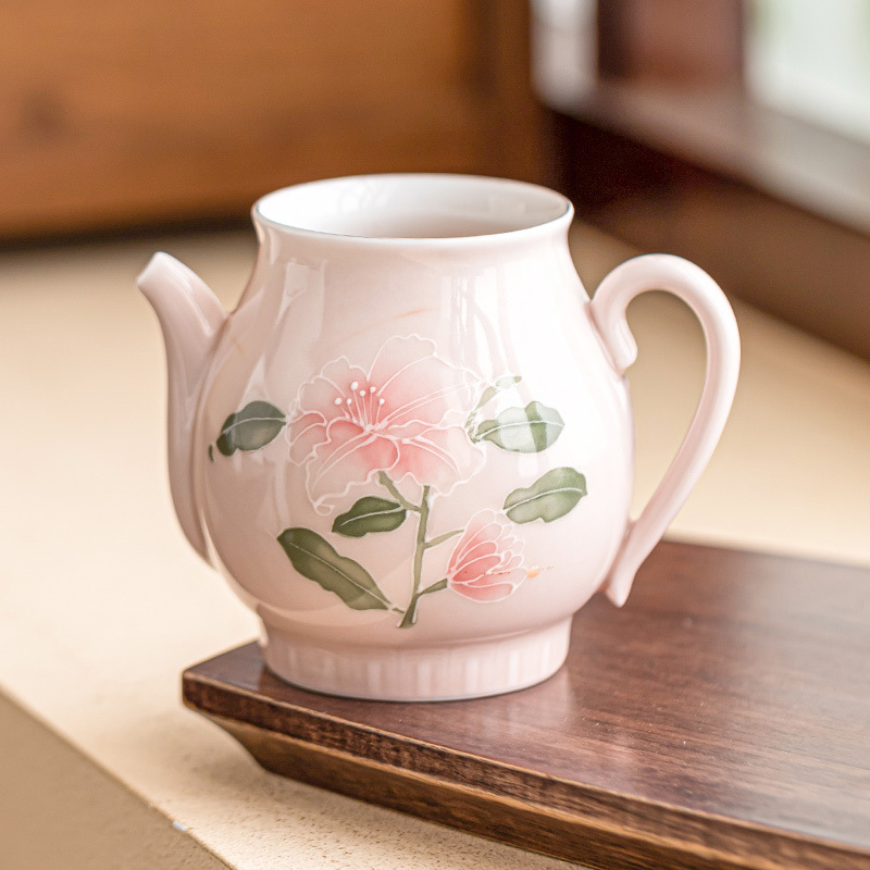 Hàng đống vẽ tay chạm khắc hoa huệ màu hồng, ấm tay cầm bằng gốm, dụng cụ pha trà chuyên dụng pha trà gia dụng, dụng cụ chia tách trà