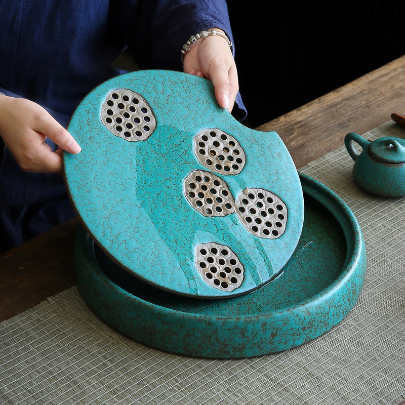 Khay trà gốm sứ Chunlan kiểu Nhật lò biến hình retro nhỏ màu xanh ngọc lam trữ nước kiểu trữ nước khay pha khô Khay trà bàn trà