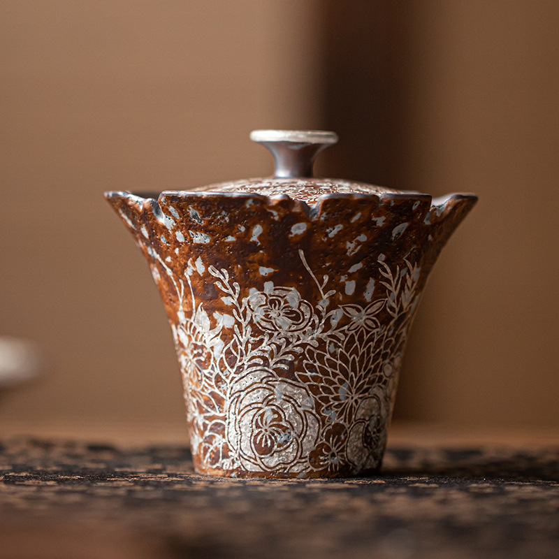 Bát có nắp miệng hoa mạ bạc, bát có nắp hai bằng gốm thô, bát pha trà cỡ nhỏ, tách trà, Bộ trà Kung Fu, dụng cụ pha trà đơn