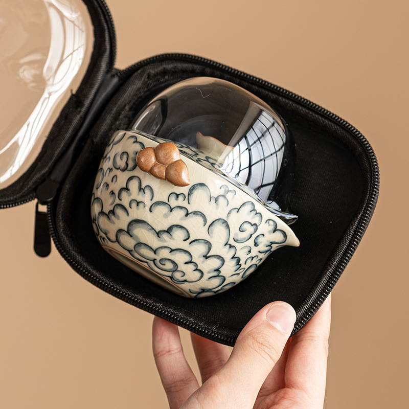 Bộ trà du lịch Ấm trà ngoài trời di động Cốc trà Ru sứ mở có thể nâng cốc khách nhanh Bộ trà một ấm hai cốc