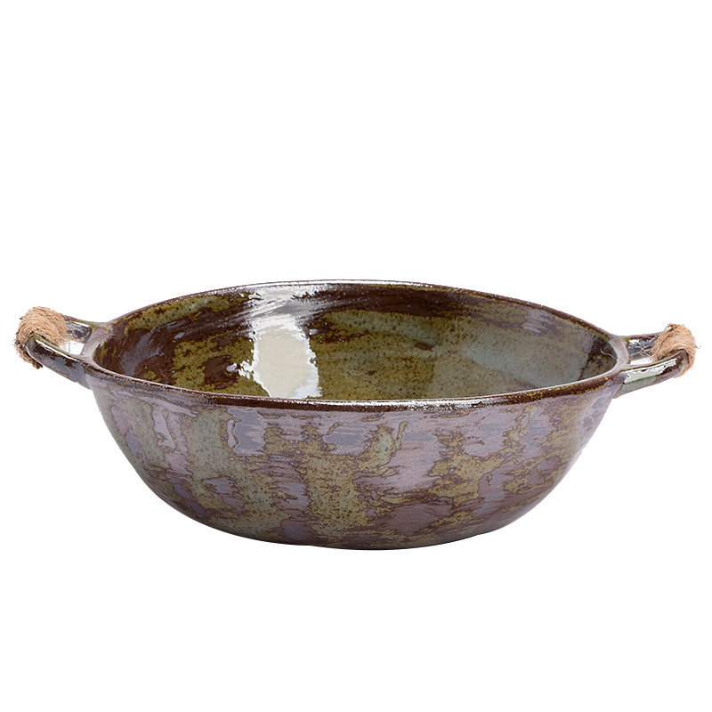 Đĩa ăn hai tai bằng gốm thô thủ công kiểu Nhật, đĩa tròn cỡ lớn nhỏ cổ điển gia dụng, đĩa gốm, bộ đồ ăn, Đĩa trái cây, đĩa ăn sáng