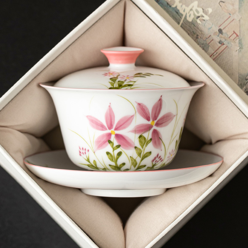 Vẽ tay hoa cúc, chuồn chuồn, bát nắp ba tài, cốc trà, bộ trà Kung Fu gốm sứ dung tích lớn, bát pha trà có nắp dùng trong gia đình