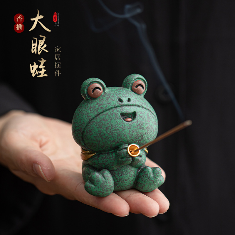 Ếch mắt to đáng yêu cắm hương sa thạch xanh trang trí nhà đồ trang trí bàn trà dây cắm hương cắm hương ngồi ếch thú cưng trà nhỏ