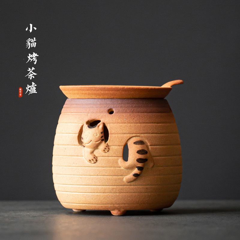 Bếp nướng trà mèo con bằng gốm thô kiểu Nhật, Bếp Nướng trà gốm sứ, dụng cụ đánh thức trà, bàn trà ấm, đế sưởi nến
