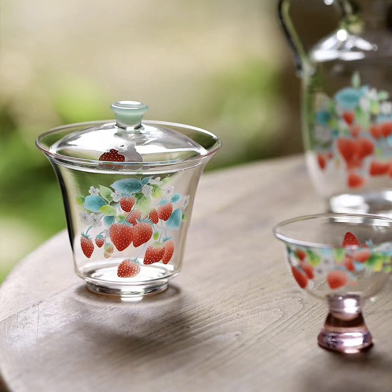 Bộ sưu tập dòng sản phẩm kính dâu tây 2024, đề can thủ công, bát nắp chịu nhiệt độ cao borosilicate, cốc trà, cốc trà, bộ trà