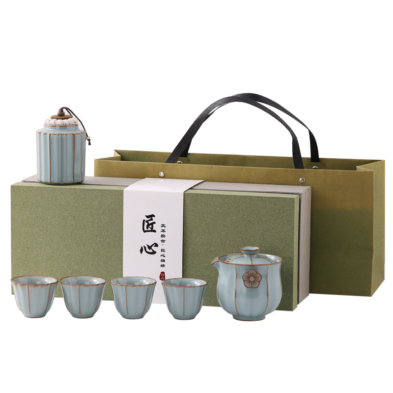 Bộ trà du lịch Ru Kiln Bộ trà Kung Fu cốc nhanh di động ngoài trời Bộ trà một ấm ba tách trà khay trà quà tặng