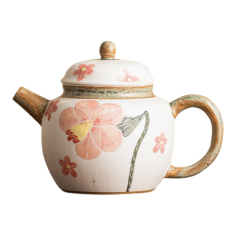 Ấm trà hoa chuông chạm khắc màu hồng ấm trà gốm sứ bộ trà Kung Fu kiểu Trung Quốc ấm trà nhỏ gia dụng lọc trà tinh tế ấm đơn