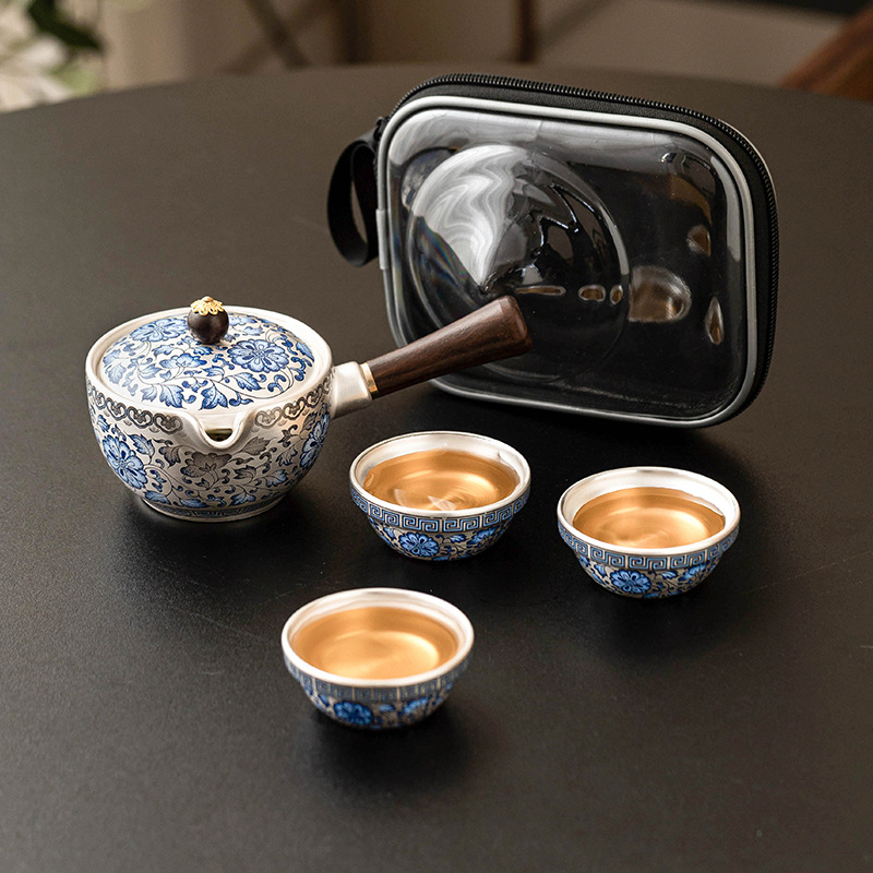 Bộ ấm trà du lịch mạ bạc 999 cây sen nhà xưởng, một ấm ba cốc, cốc khách nhanh di động, cốc bên tay cầm, cốc trà