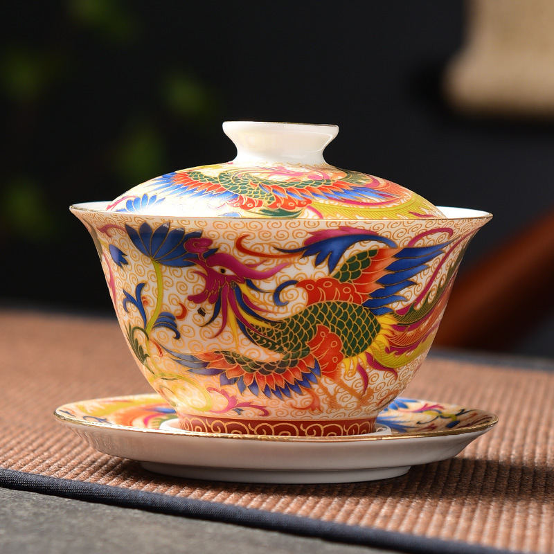 Bát có nắp tam tài tráng men một cốc trà bát trà gốm sứ bộ trà kungfu bát trà long phượng cổ điển gia dụng