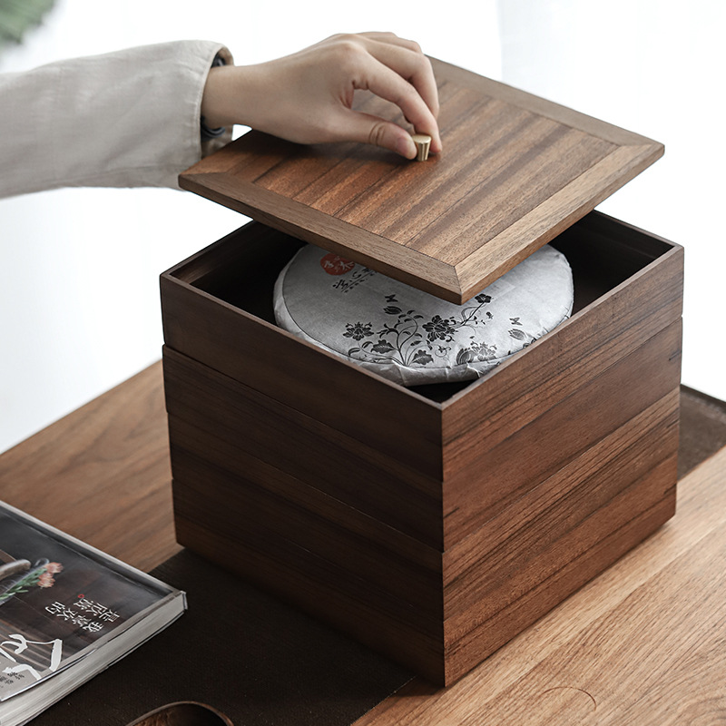 Hộp đựng Bánh trà Phổ Nhĩ bằng gỗ óc chó cao cấp