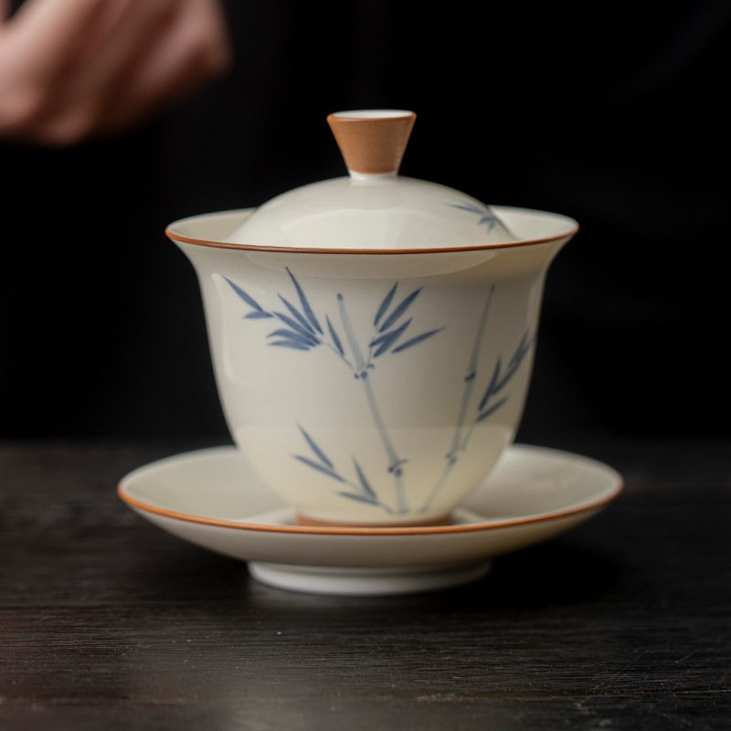 Bát có nắp vẽ tay màu xám thực vật Đồ pha trà màu xanh và trắng Junzhu Bộ trà Kung Fu cao cấp gia dụng Bát trà gốm sứ