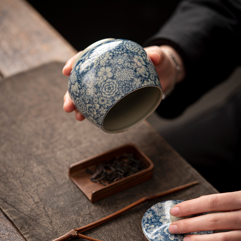 Lọ đựng trà gốm sứ trắng xanh bằng đất sét cũ, bình kín nhỏ, bình lưu trữ chống ẩm gia dụng cổ điển, nhà sản xuất bán buôn