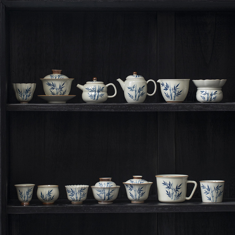 Bộ ấm chén trà Kung Fu gốm sứ vẽ tay, chén trà có nắp Sancai, bộ ấm chén văn phòng nhà màu men lót