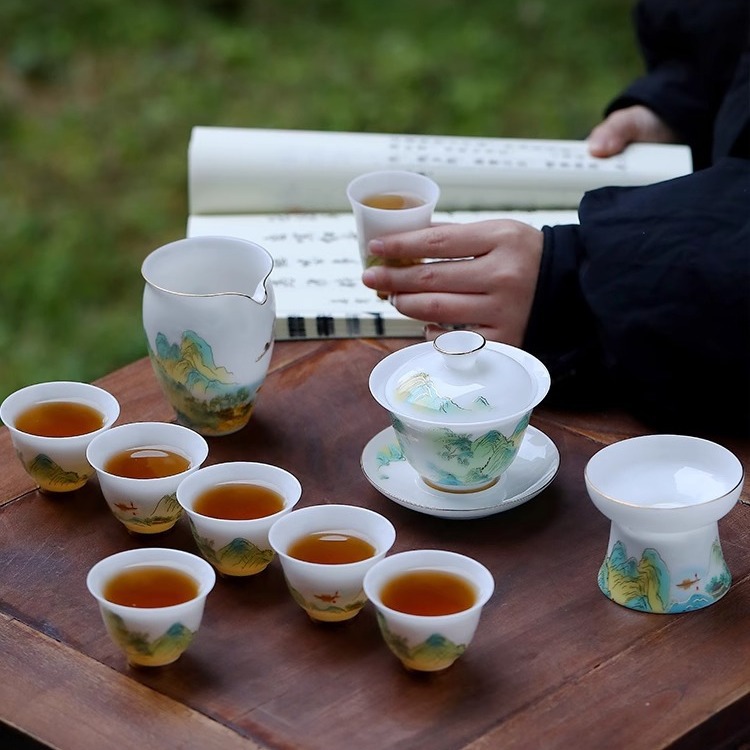 Bộ ấm trà Kung Fu bằng sứ ngọc bích Bộ ấm chén trà có nắp gia dụng hộp quà cao cấp phục vụ khách văn phòng nước xanh Núi Xanh