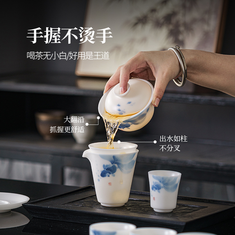 Bộ ấm trà Kung Fu bằng sứ đá vẽ tay chay cao cấp, tân gia nghỉ hưu, hộp quà công sở cho người lớn tuổi